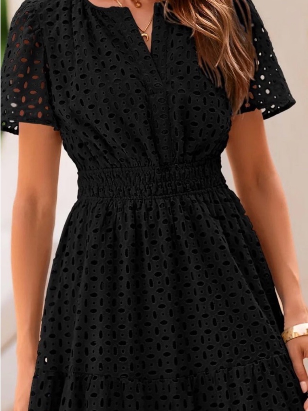 Black Eyelet Maxi Dress with Smocked Waist